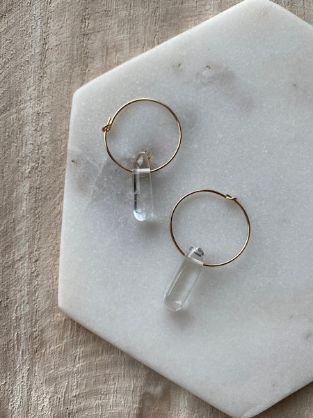 Clear Quartz Crystal Hoops 14k Gold Vermeil Hammered Hoop Earrings Gold Texture Earrings Clear Quartz Earrings Gemstone Hoops selling Clear Quartz